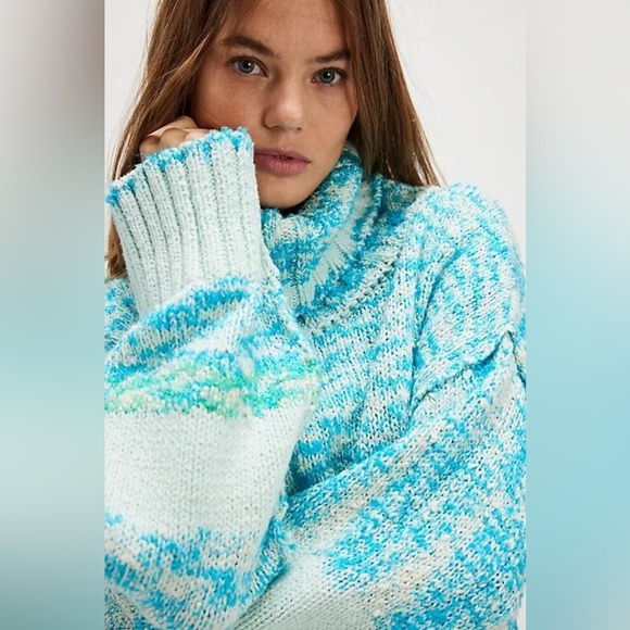 Free People Turquoise and White Turtleneck Sweater - Picture 1 of 4